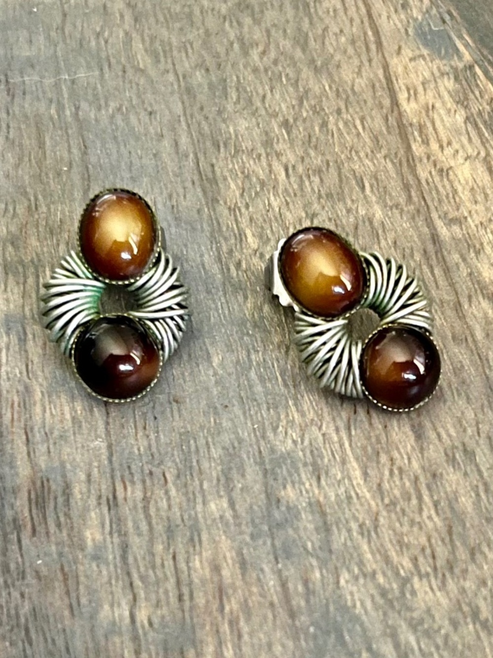 Vintage Marjorie Baer MB SF Mixed Metal Coil Tiger's Eye Earrings